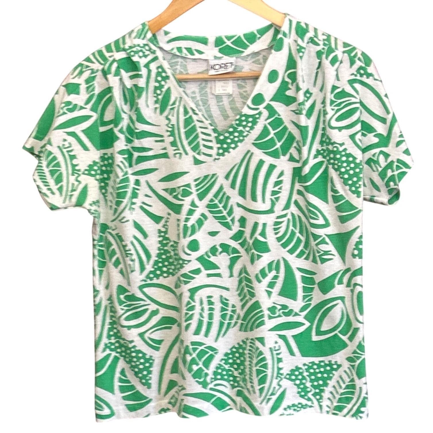 Vintage Koret V-Neck Top Tropical Leaf Print Palm Beach Retro Green White Med